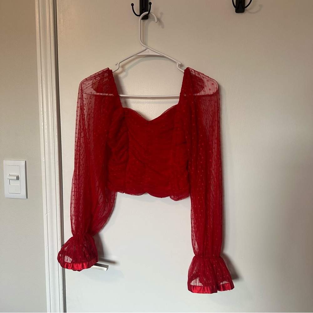 Red Sheer Sleeve polka dot top Size S